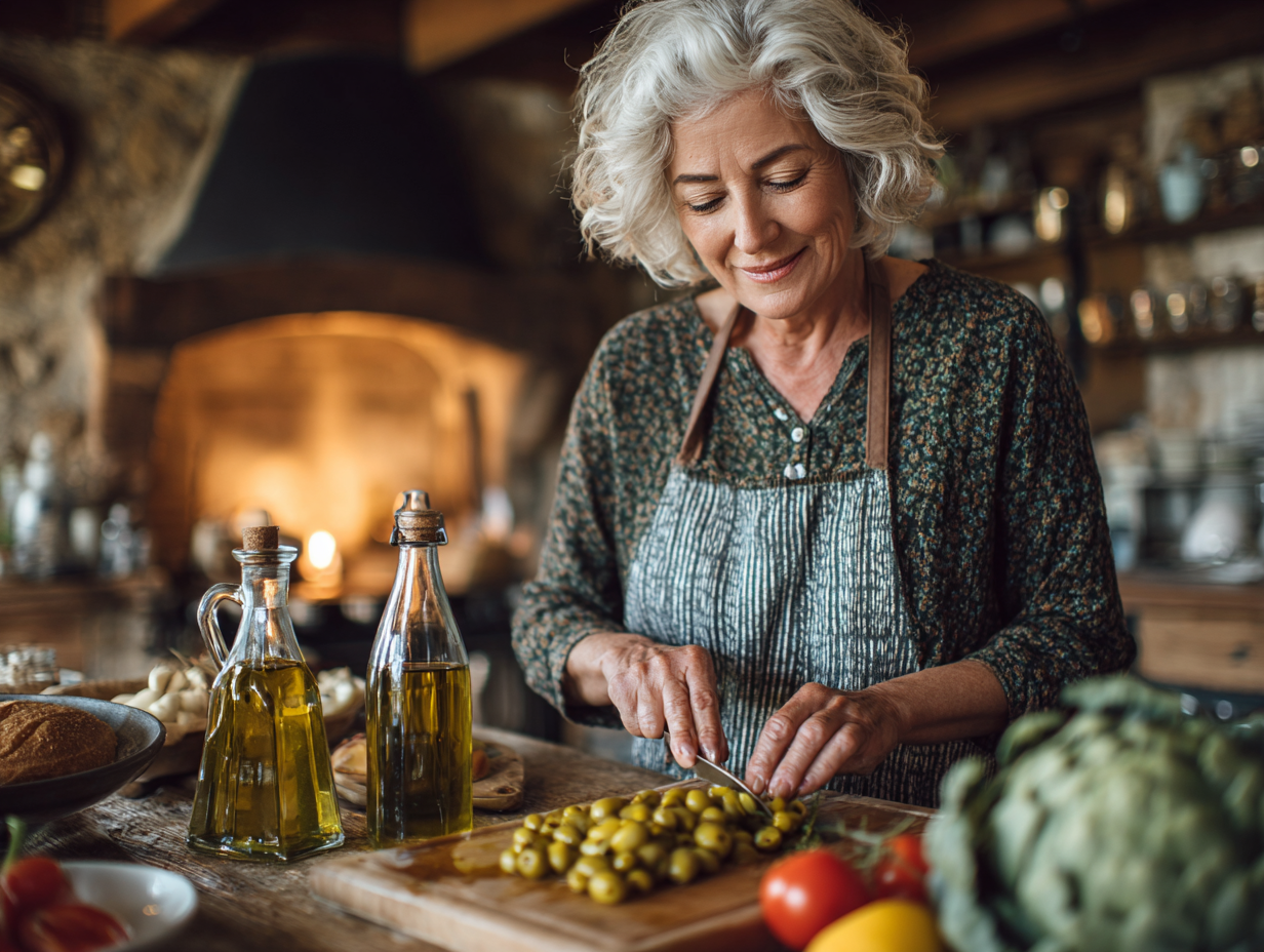 Здорова жінка старшого віку готує корисну їжу